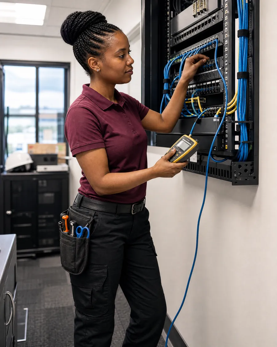 Network Technician configuring a business network rack