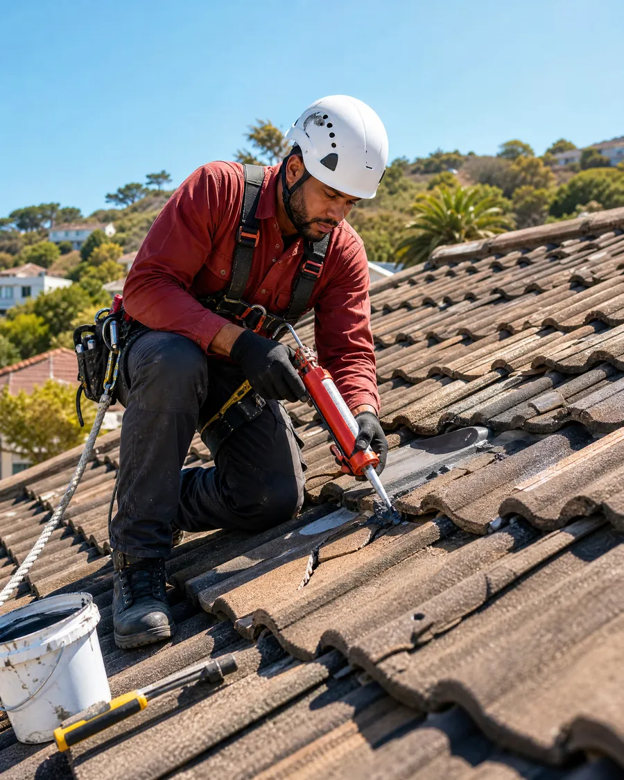 Roofing Repair Technician fixing roof tiles and waterproofing