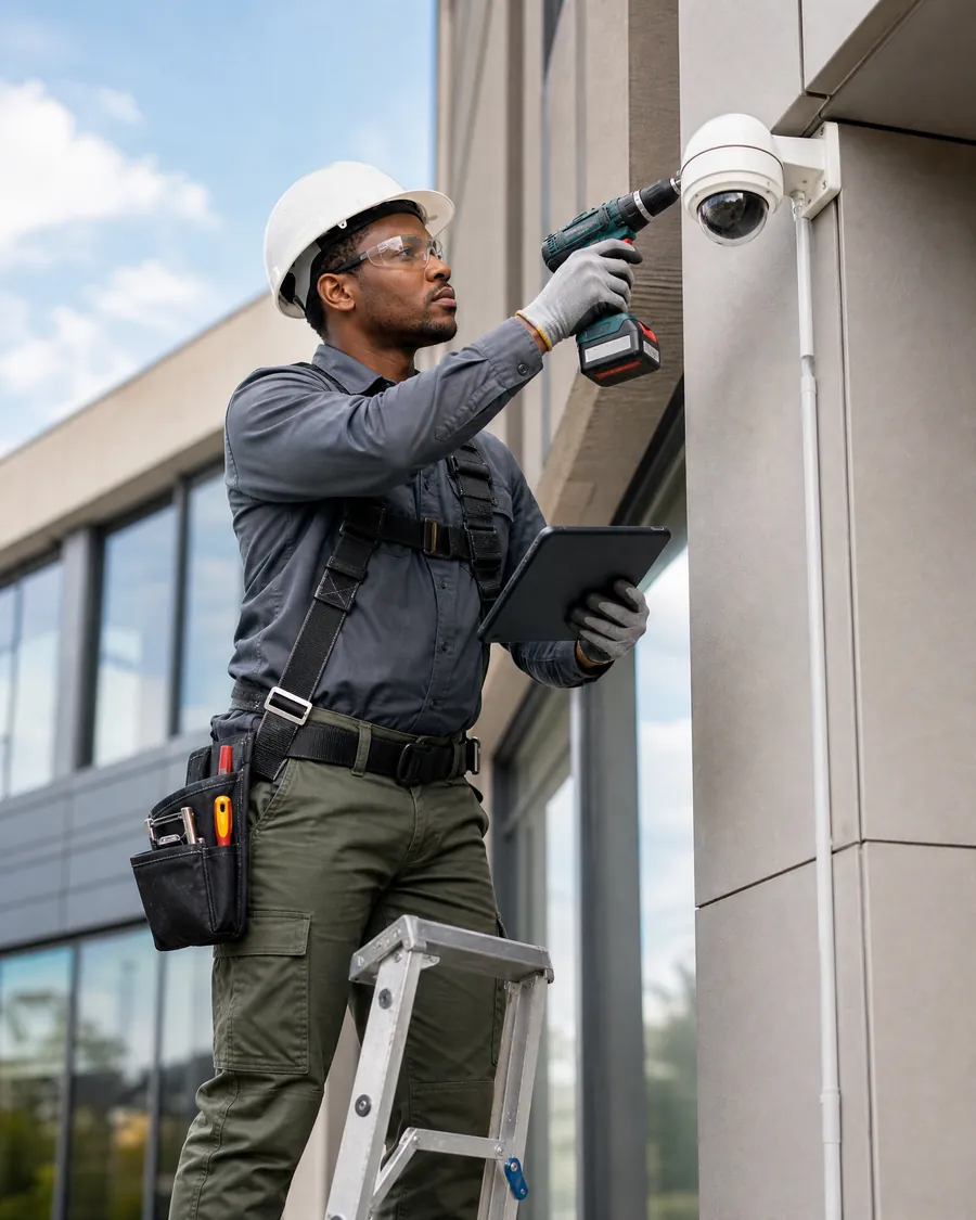 CCTV and Security Systems Technician installing a camera
