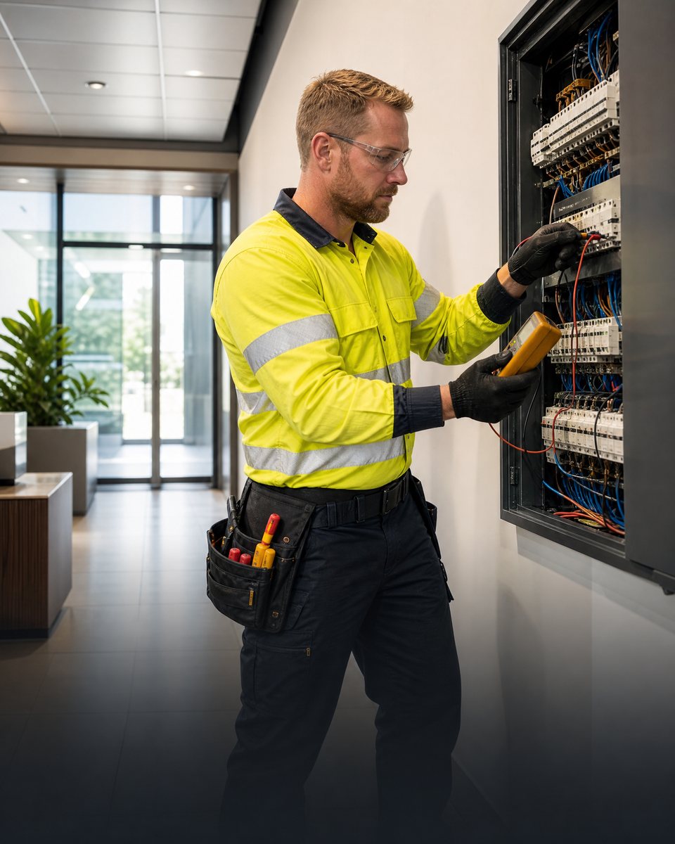 Electrician testing a commercial distribution board