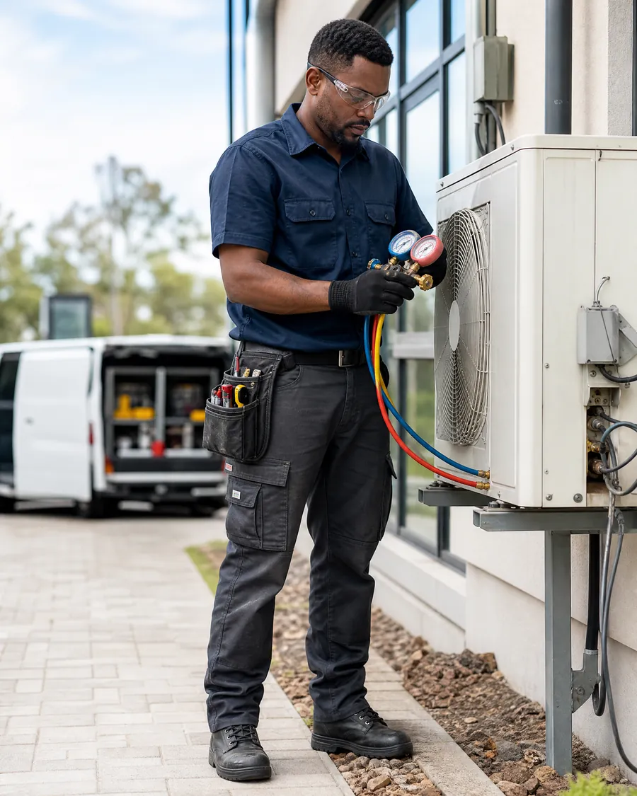 HVAC Technician servicing commercial air-conditioning equipment