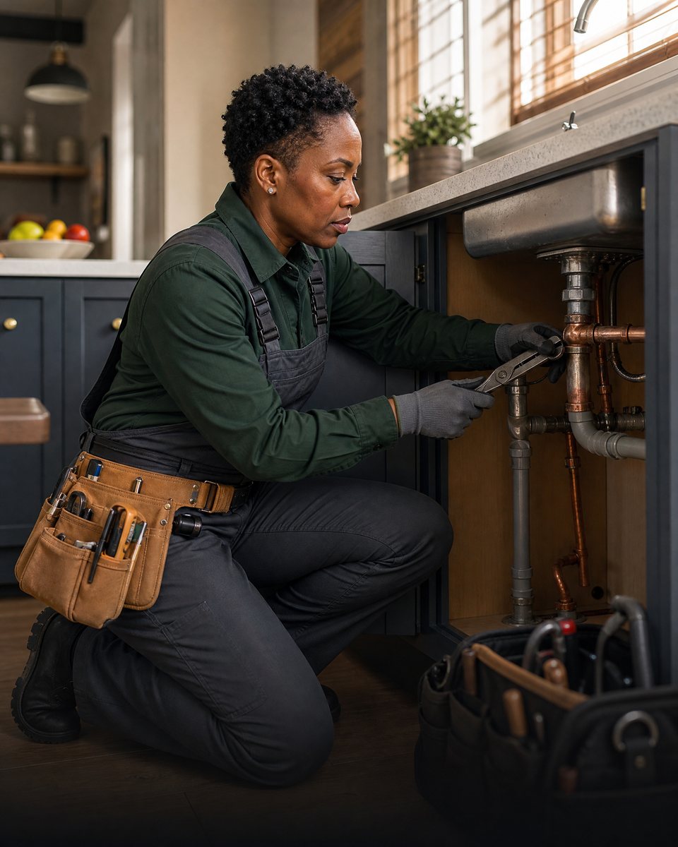 Plumber repairing kitchen pipework