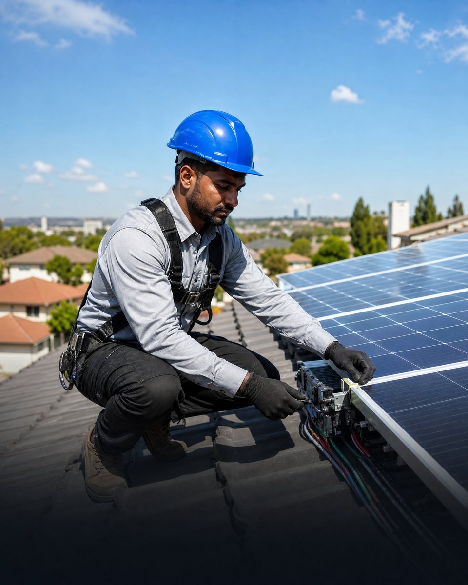 Solar Technician Installer working on rooftop solar panels
